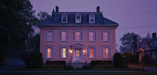 A soft peach-colored Cleveland Colonial Revival house in the gentle light of twilight, its white...