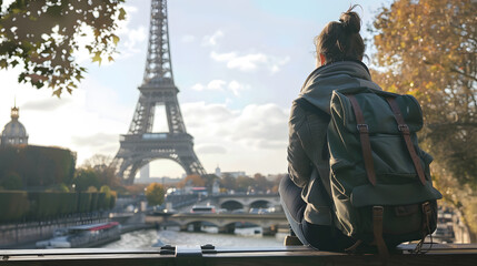 A young female backpacker sitting on a bench at the Trocadéro Gardens, looking out at the Eiffel Tower, the Eiffel Tower's stunning view. - obrazy, fototapety, plakaty
