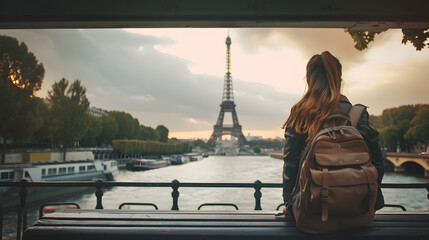 A young female backpacker sitting on a bench at the Trocadéro Gardens, looking out at the Eiffel Tower, the Eiffel Tower's stunning view. - obrazy, fototapety, plakaty