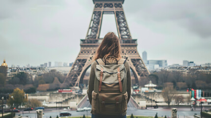 A young female backpacker standing in front of the Eiffel Tower, looking up at the tower, with of her backpack and the city of Paris in the background. - obrazy, fototapety, plakaty