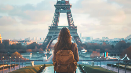 A young female backpacker standing in front of the Eiffel Tower, looking up at the tower, with of her backpack and the city of Paris in the background. - obrazy, fototapety, plakaty
