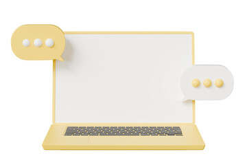 3D Yellow Laptop computer with speech bubble icon. Online social conversation comment, Online chatting concept. Minimal Cartoon creative design icon isolated on white background. 3D Rendering.