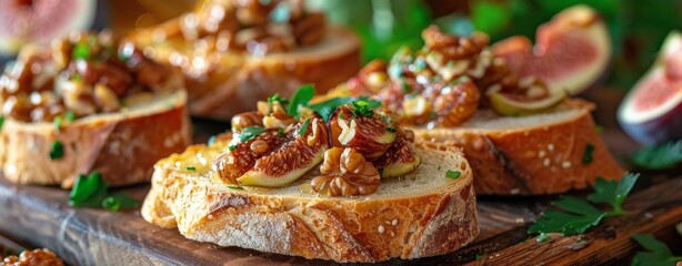 Three Slices of Bread With Figs and Nuts