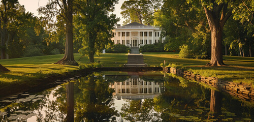 A tranquil pond reflects an early 20th-century white clapboard colonial mansion under a high noon sun, surrounded by the lush green of summer