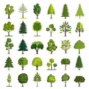 Green Tree Icon Set, Garden Trees Flat Design, Abstract Plant Symbol, Simple Forest Element Isolated