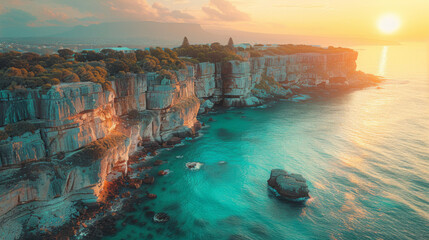 Ocean cliff landscape drone view in Maroubra Sydney. - obrazy, fototapety, plakaty