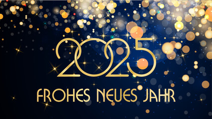 Karte oder Banner, um ein frohes neues Jahr 2025 in Gold mit goldfarbenen Kreisen und Glitzer im Bokeh-Effekt auf blauem Hintergrund zu wünschen