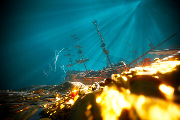 Enigmatic Sunken Galleon with Treasure Amidst Ocean Depths - obrazy, fototapety, plakaty