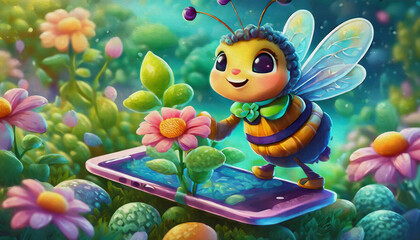 Cute bee planting cell phone in tech garden