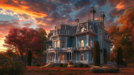 A stately Victorian manor with elaborate friezes and cornices, in a bold teal and crisp white, radiates elegance against the backdrop of a vibrant sunset - obrazy, fototapety, plakaty