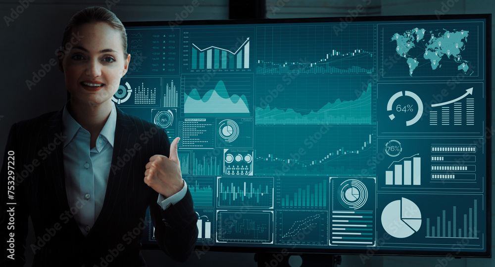 Poster data analysis for business and finance concept. interface showing future computer technology of prof