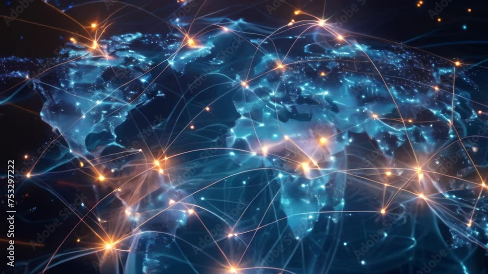 Poster glowing global network with highlighted connections, depicting active communication and data exchang