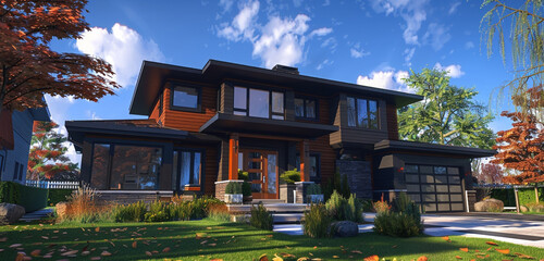 A high-resolution image showcasing a rich chocolate brown house with modern siding,