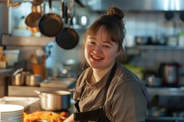 Girl with Down syndrome working in restaurant kitchen. smiling. Inclusion. diversity. equal opportunity employment concept. Perfect for World Down Syndrome Day or disability awareness campaigns