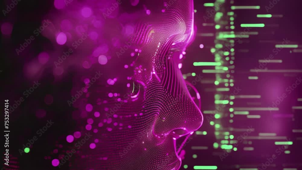 Poster cybernetic profile with blue data points, visualizing ai and network connectivity.