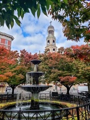 Autumn Fountain and Church Tower in Greenwich Village