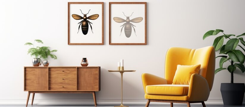 Minimalist living room interior with framed insect poster wooden dresser yellow armchair and monstera plant