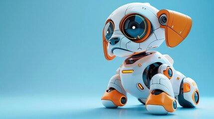 .Adorable Robotic Puppy With Expressive Eyes, White And Orange Body. Future Home Pet.