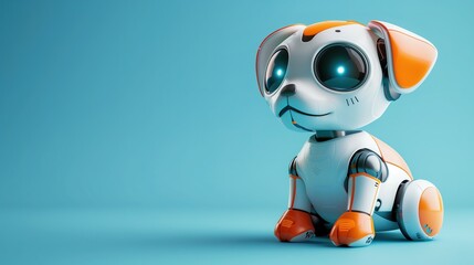 .Adorable Robotic Puppy With Expressive Eyes, White And Orange Body. Future Home Pet. - obrazy, fototapety, plakaty