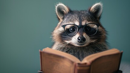 Studious raccoon Wearing Glasses Focused On An Open Book. Back to School, Exam Preparation, and Graduation. Soft Green Minimalist Background with Copy Space
