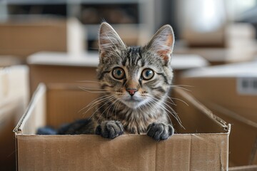 The cat is sitting in a box in the middle of a half-empty apartment against the background of empty boxes