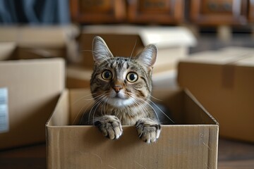 The cat is sitting in a box in the middle of a half-empty apartment against the background of empty boxes