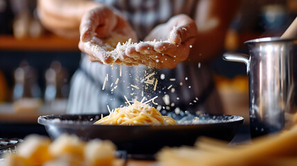 Sprinkling grated Parmesan over pasta