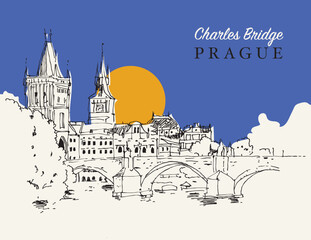 Obraz premium Drawing sketch illustration of the Charles Bridge in Prague, Czechia