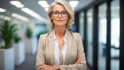 Mature business woman wearing glasses, dress neatly and confidently standing in the office
