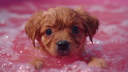 Close-up a cute puppy swimming in the pink water. Generated by artificial intelligence.