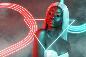 Creative trend collage of stunning gorgeous afro woman look copyspace red green neon light clubbing...