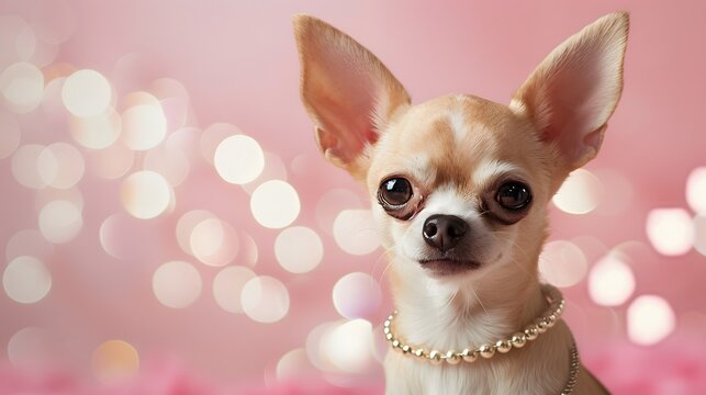 Nice chihuahua puppy dog with luxury jewelry collar necklace on pink background with bokeh lights
