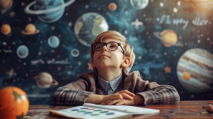 Cheerful schoolboy dreaming at astronomy lesson about space travel, student learning universe exploration in classroom, back to school concept for education and development of imagination - obrazy, fototapety, plakaty