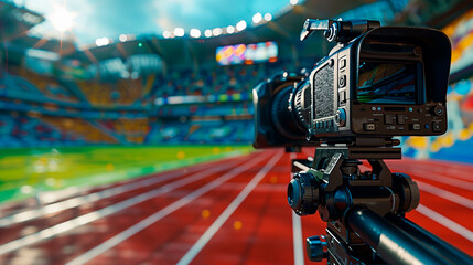 television camera recording and broadcasting the Paris 2024 Olympic Games, providing journalism coverage and streaming