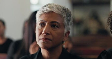 Woman, church or grief at funeral, service or sermon as spiritual guidance at memorial in sanctuary. Sad, female person or mourning to hear, comfort and salvation as christian, gospel or holy spirit