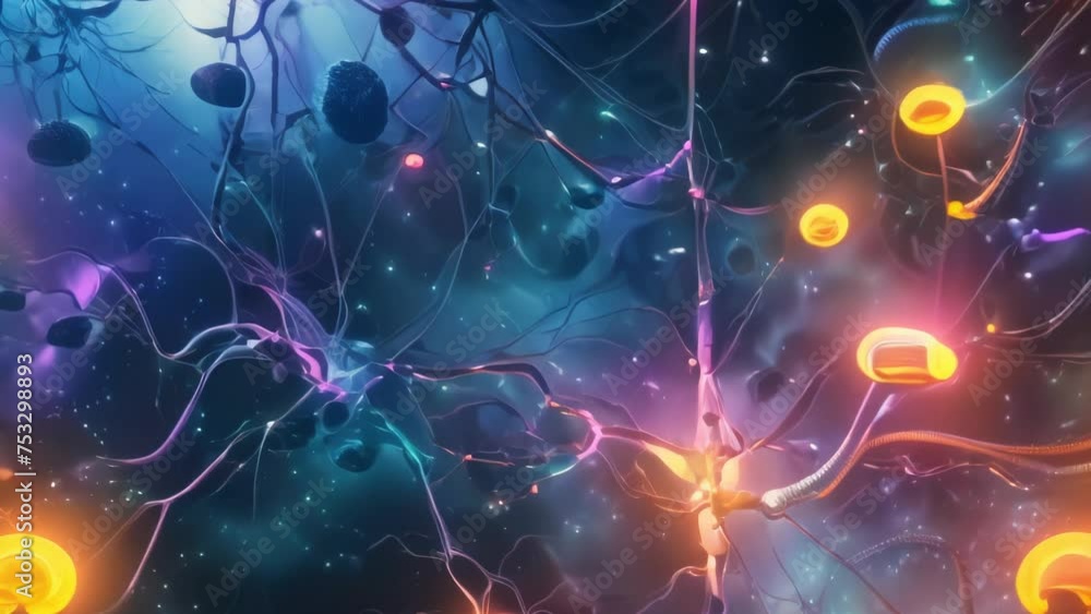 Poster vibrant synapses with a colorful cosmic backdrop, depicting neural connections.