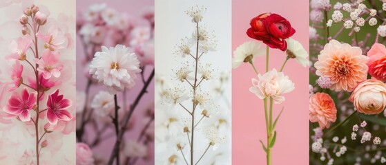 Collage of vibrant spring blossoms in pink and white hues, showcasing the beauty of seasonal cherry and plum flowers.