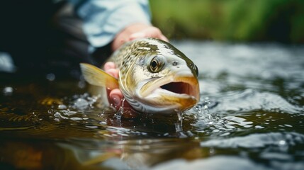 Close-up of a fisherman's hands releasing a trout back into a river.