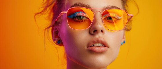 Stylish woman with sunglasses in vibrant neon light - obrazy, fototapety, plakaty