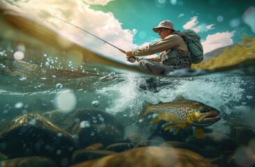 Fisherman in river catching trout, dynamic underwater view with fish in foreground and sunny sky...