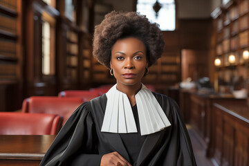 An afro woman judge in a courtroom, wearing a robe, symbolizing justice and law. She exudes authority with her gavel and judiciary decision. - obrazy, fototapety, plakaty