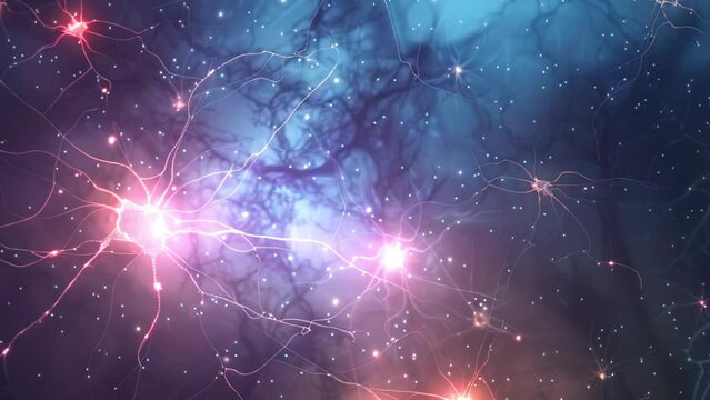 Neural network synapse activity in cosmic space. Electric impulses in brain cells.