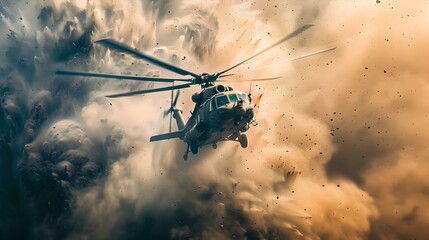 Dramatic helicopter maneuver in stormy skies. emergency response, powerful image of rescue mission. dynamic lighting. AI - obrazy, fototapety, plakaty