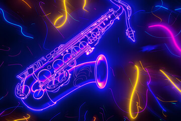 Neon saxophone silhouette with neon light trails isolated on black background. - obrazy, fototapety, plakaty