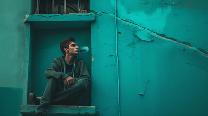 A boy with a cool look, sitting on a sleek urban rooftop. He casually takes a drag from a shesha in the corner, while the vibrant teal-colored wall behind him adds a modern touch.