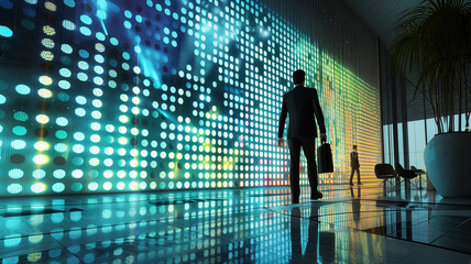 A businessman walks through a futuristic office lobby, his laptop bag in hand, with a backdrop of an illuminated LED wall displaying dynamic patterns.