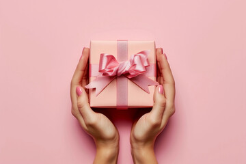 pink gift box with ribbon on pink background. - obrazy, fototapety, plakaty