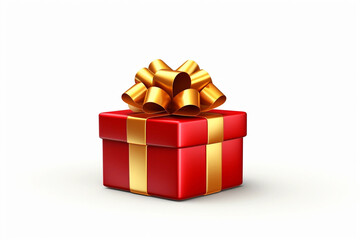 Red gift box with golden ribbon on white background.