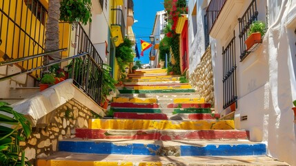 Fototapeta na wymiar View of Calpe old town on sunny day. Stairs adorned with colors of Spanish flag, Calpe, Alicante province, Valencian Community, Spain