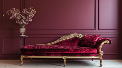 A luxurious classic bedroom featuring an opulent sofa against a deep burgundy background wall.